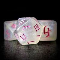 Thumbnail for Glitter in White Acrylic with Pink Font - 7pcs RPG Full Dice Set Close