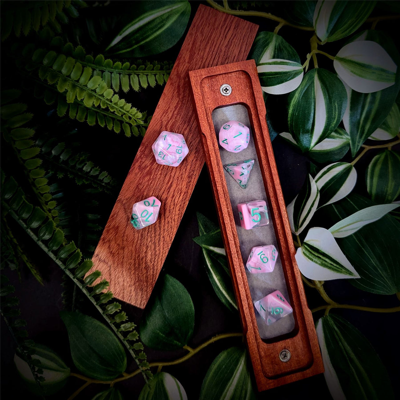 Pink Swirl in Clear Resin - 7pcs RPG Full Dice Set