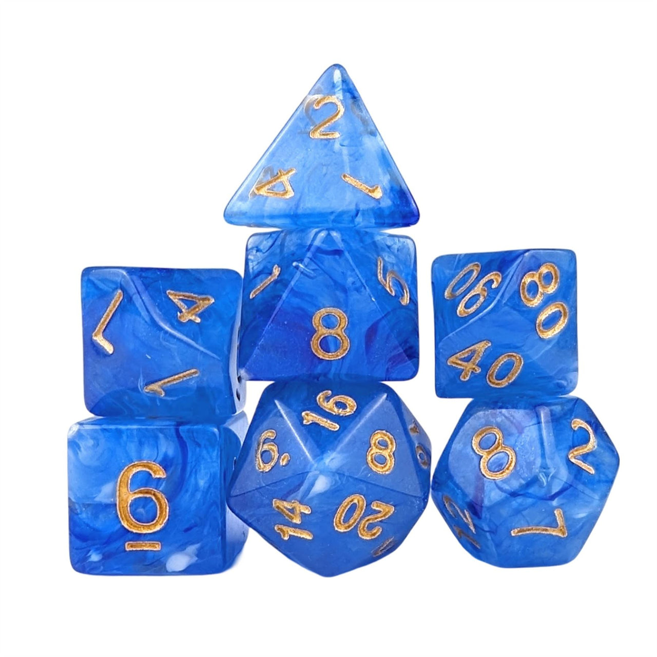 Blue Silk Acrylic - 7pcs RPG Full Dice Set White Stack