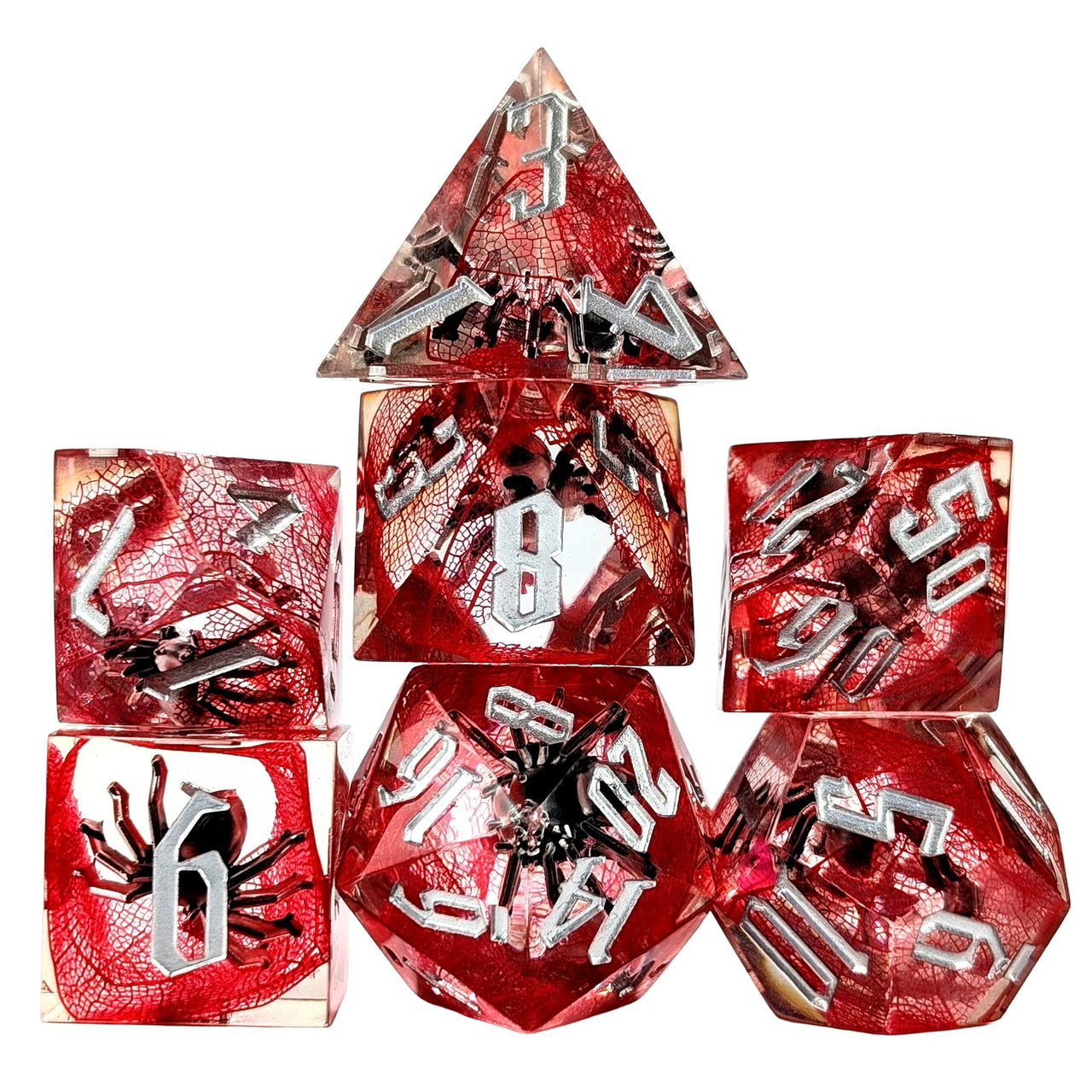 Spider in Clear & Red Filled Sharp Resin - 7pcs RPG Dice Set