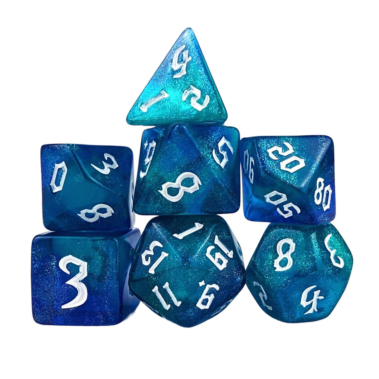 Glitter in Blue & Cyan Acrylic - 7pcs RPG Full Dice Set White Stack