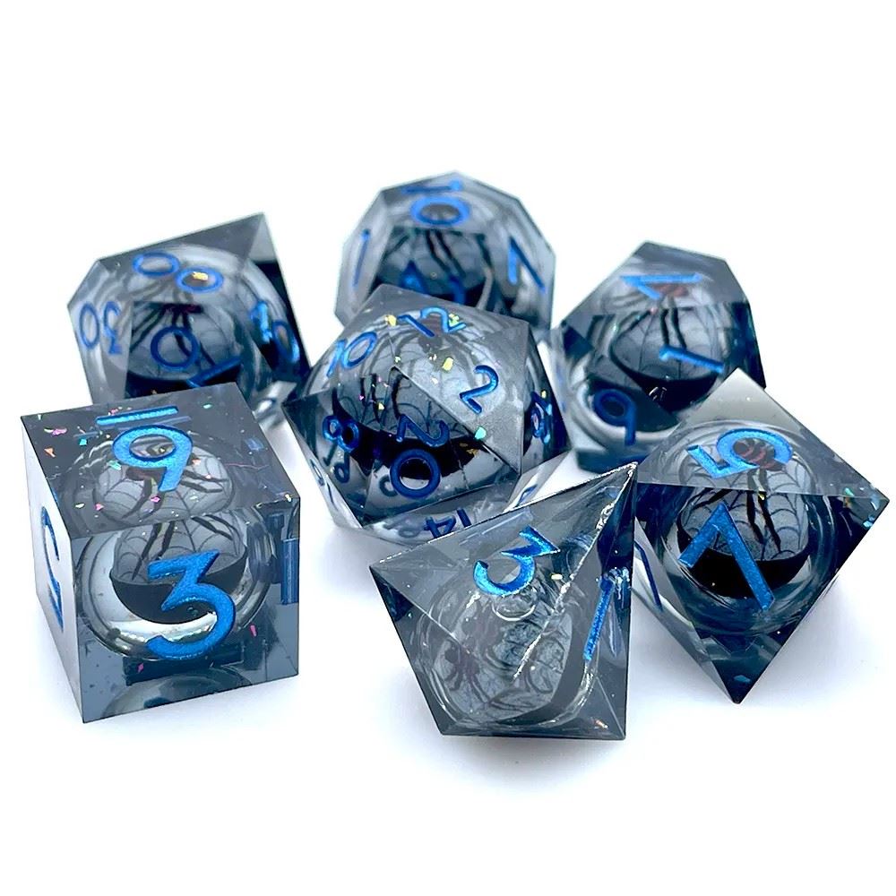 Spider Ball in Clear & Black Filled Sharp Resin - 7pcs RPG Dice Set