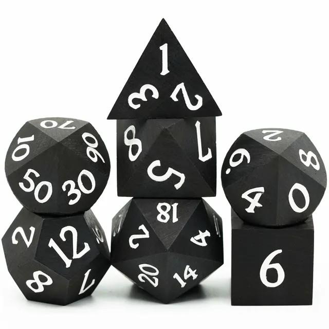 7pcs Dice Wooden Ebony White Font Black