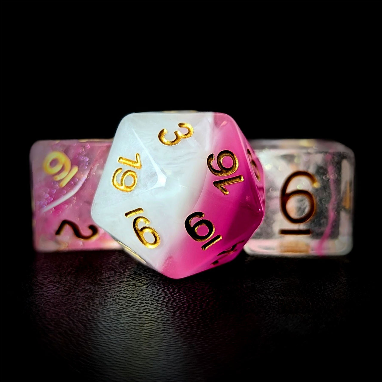 Pink & White Swirl in Clear Resin - 7pcs RPG Full Dice Set