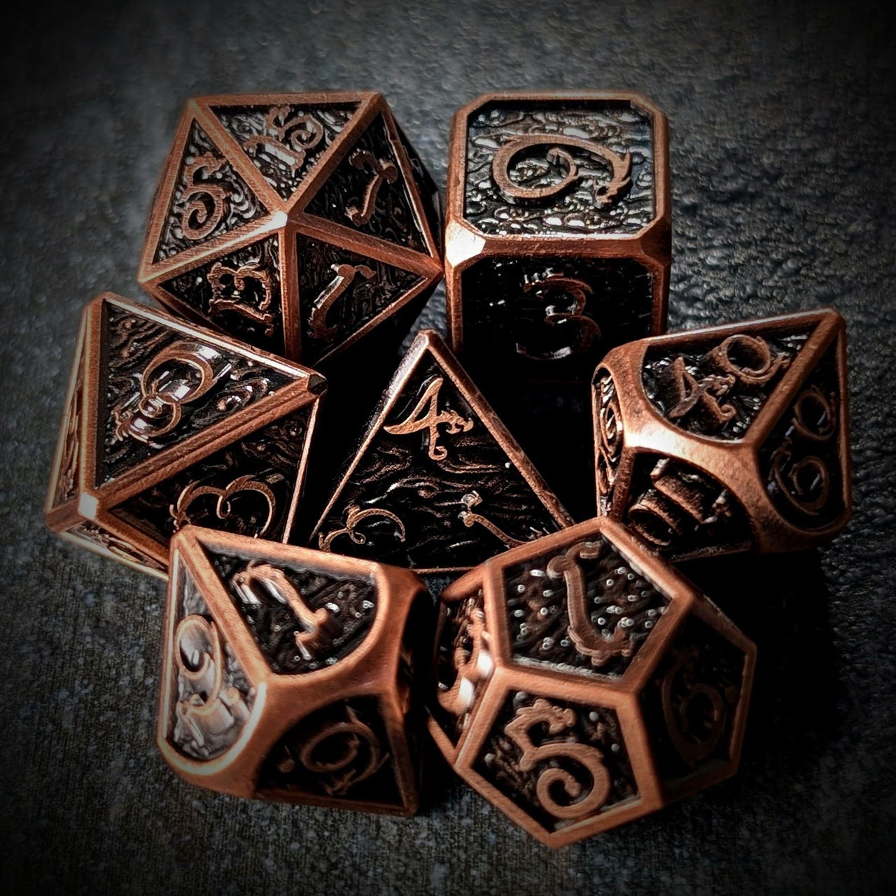 Copper Metal with Dragon Font - 7pcs RPG Dice Set