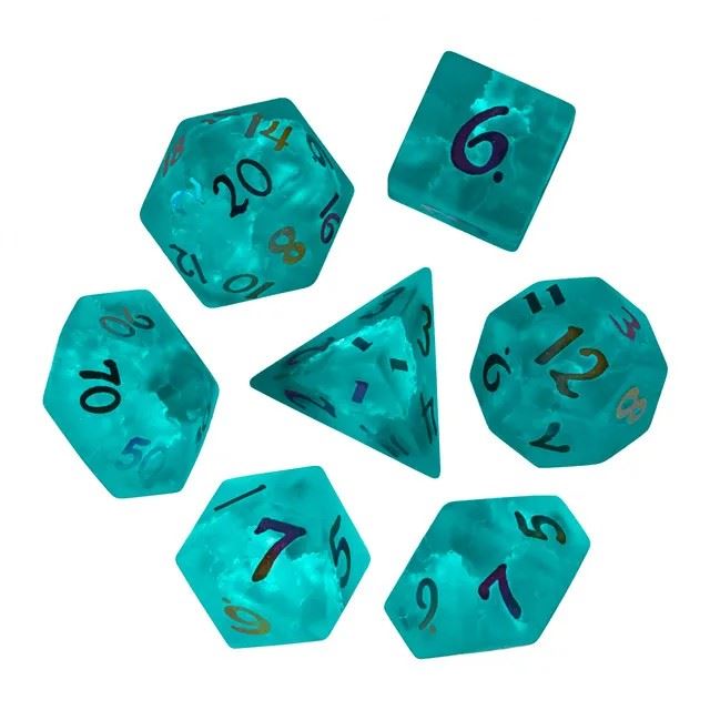 Cracked & Frosted Cyan Glass - 7pcs RPG Dice Set