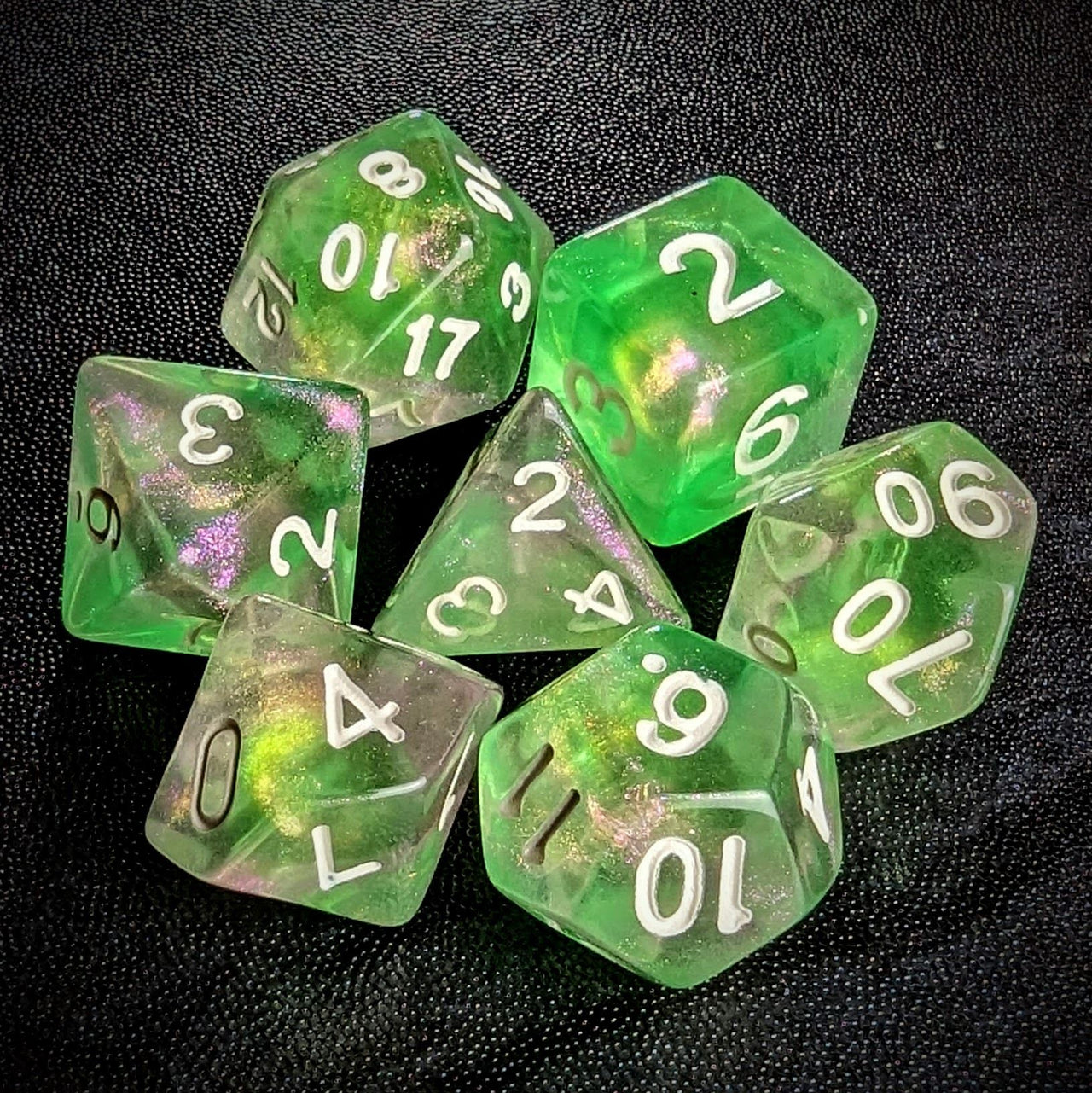 Glitter in Pink & Green in Clear Acrylic - 7pcs RPG Full Dice Set