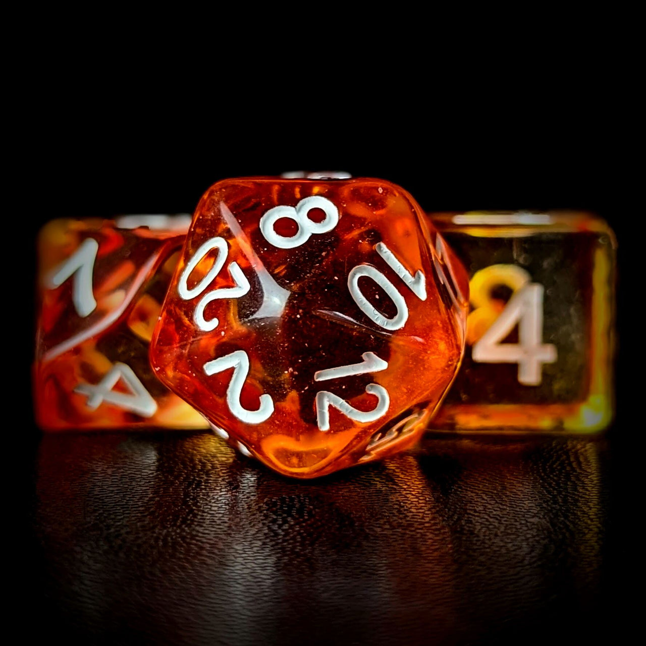 Red & Yellow Swirl in Clear Resin - 7pcs RPG Full Dice Set