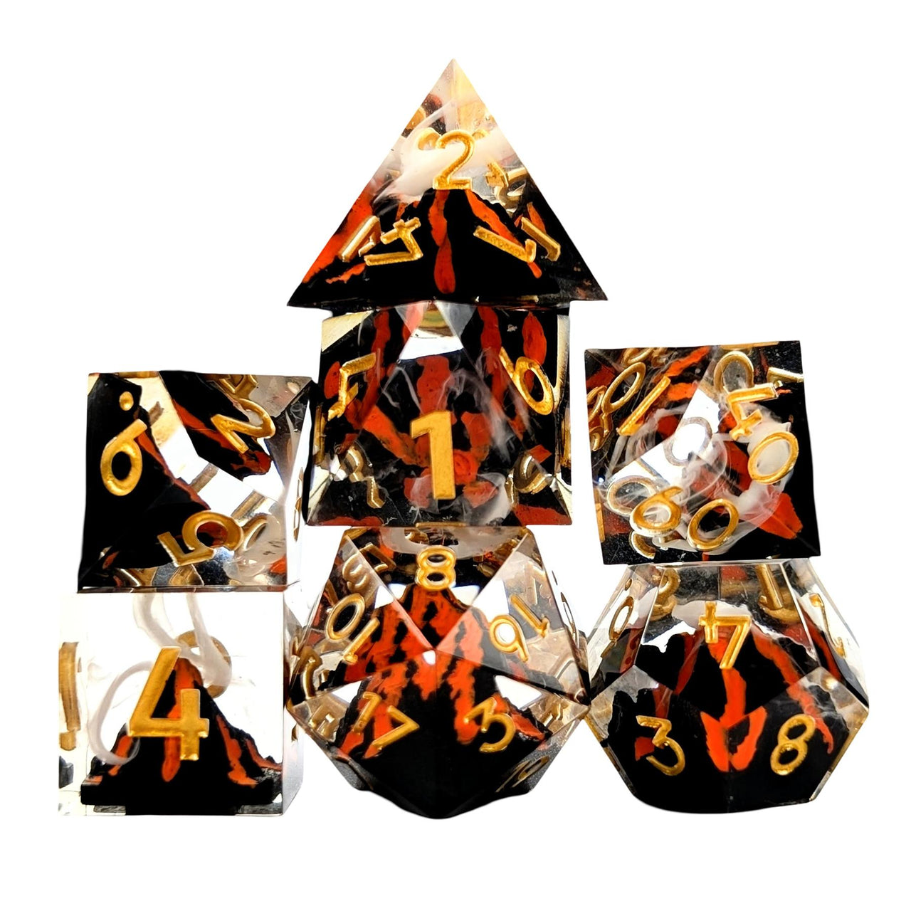 7pcs Dice Sharp Filled Volcano Gold Font Black Clear