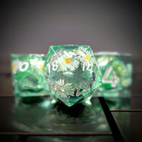 Thumbnail for 7pcs Dice Sharp Filled Liquid Daisy White Font Green Clear