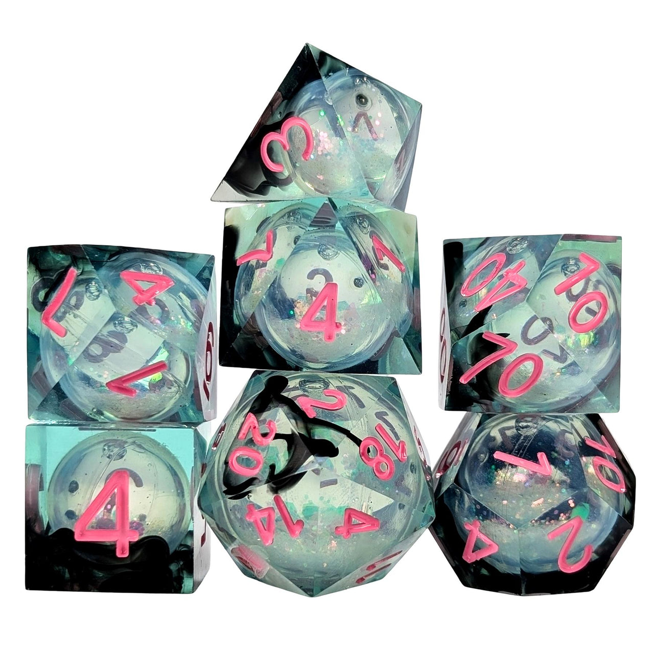 Black Swirl & Glitter in Cyan Liquid Filled Sharp Resin - 7pcs RPG Dice Set