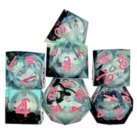 Thumbnail for Black Swirl & Glitter in Cyan Liquid Filled Sharp Resin - 7pcs RPG Dice Set