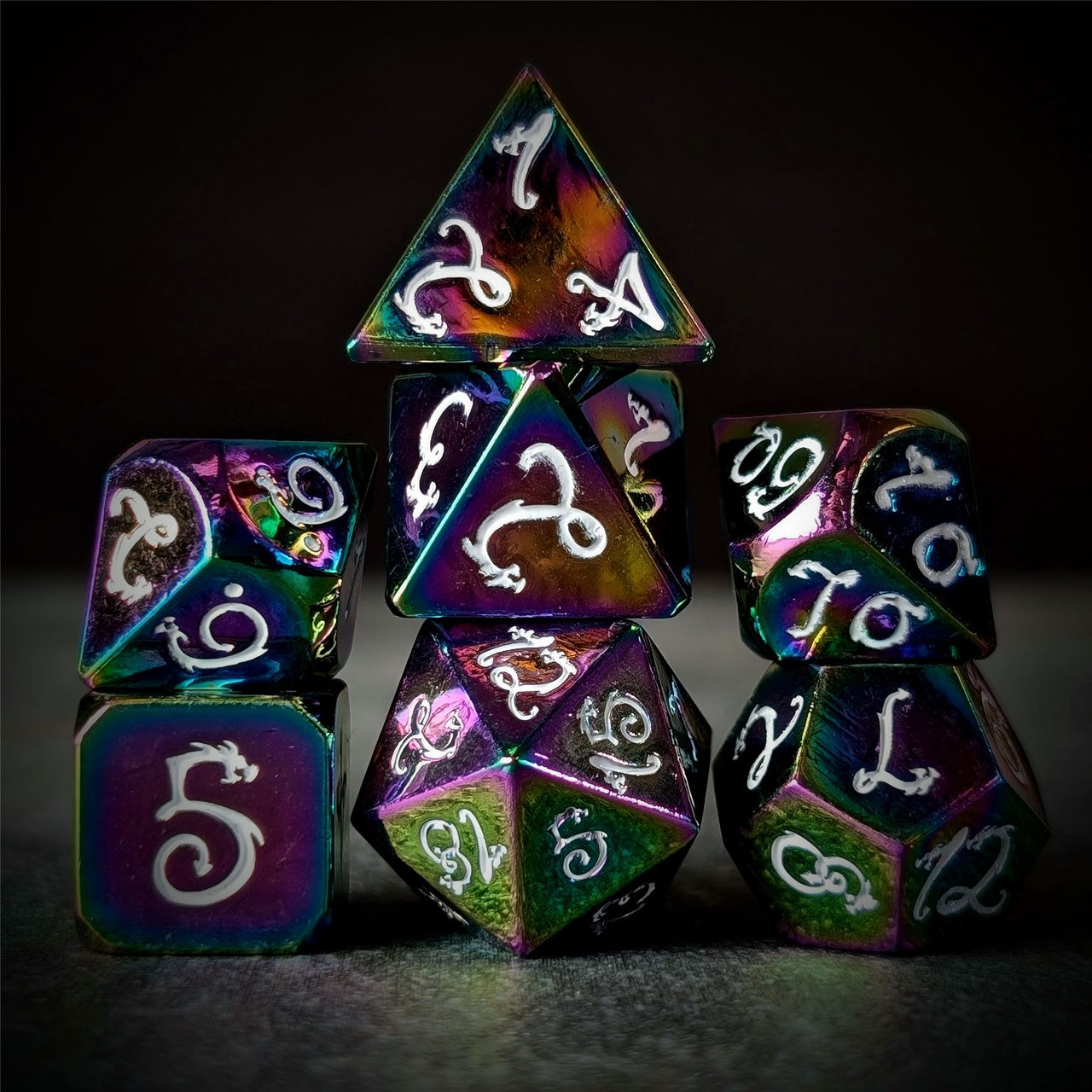 Rainbow Metal with White Dragon Font - 7pcs RPG Dice Set