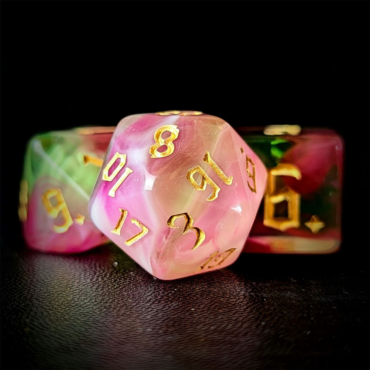 Blend of Green & Pink Acrylic - 7pcs RPG Full Dice Set Close