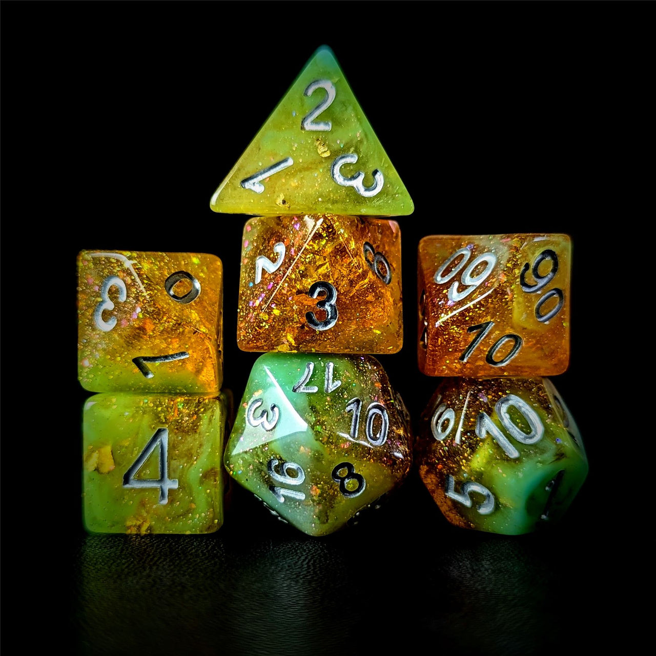 Glitter in Orange & Cyan Resin - 7pcs RPG Full Dice Set