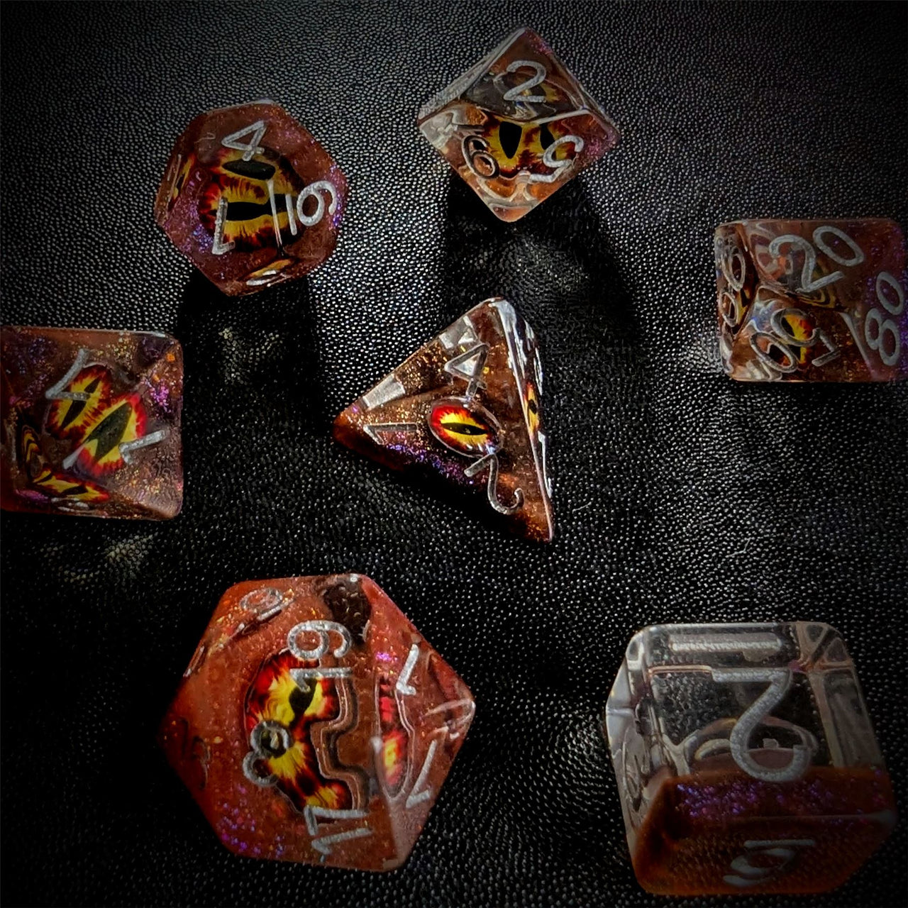 Demon Eye in Clear Orange & Brown Resin - 7pcs RPG Full Dice Set