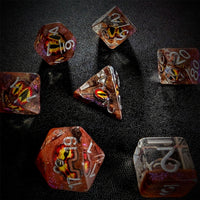 Thumbnail for Demon Eye in Clear Orange & Brown Resin - 7pcs RPG Full Dice Set