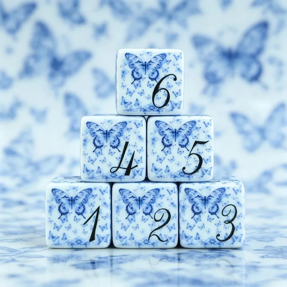 6pcs D6 16mm Dice Acrylic Printed Porcelain Butterfly Black Font Blue White