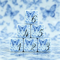 Thumbnail for 6pcs D6 16mm Dice Acrylic Printed Porcelain Butterfly Black Font Blue White