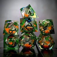 Thumbnail for 7pcs Dice Sharp Filled Liquid Glow Butterfly Green Font Blue Green