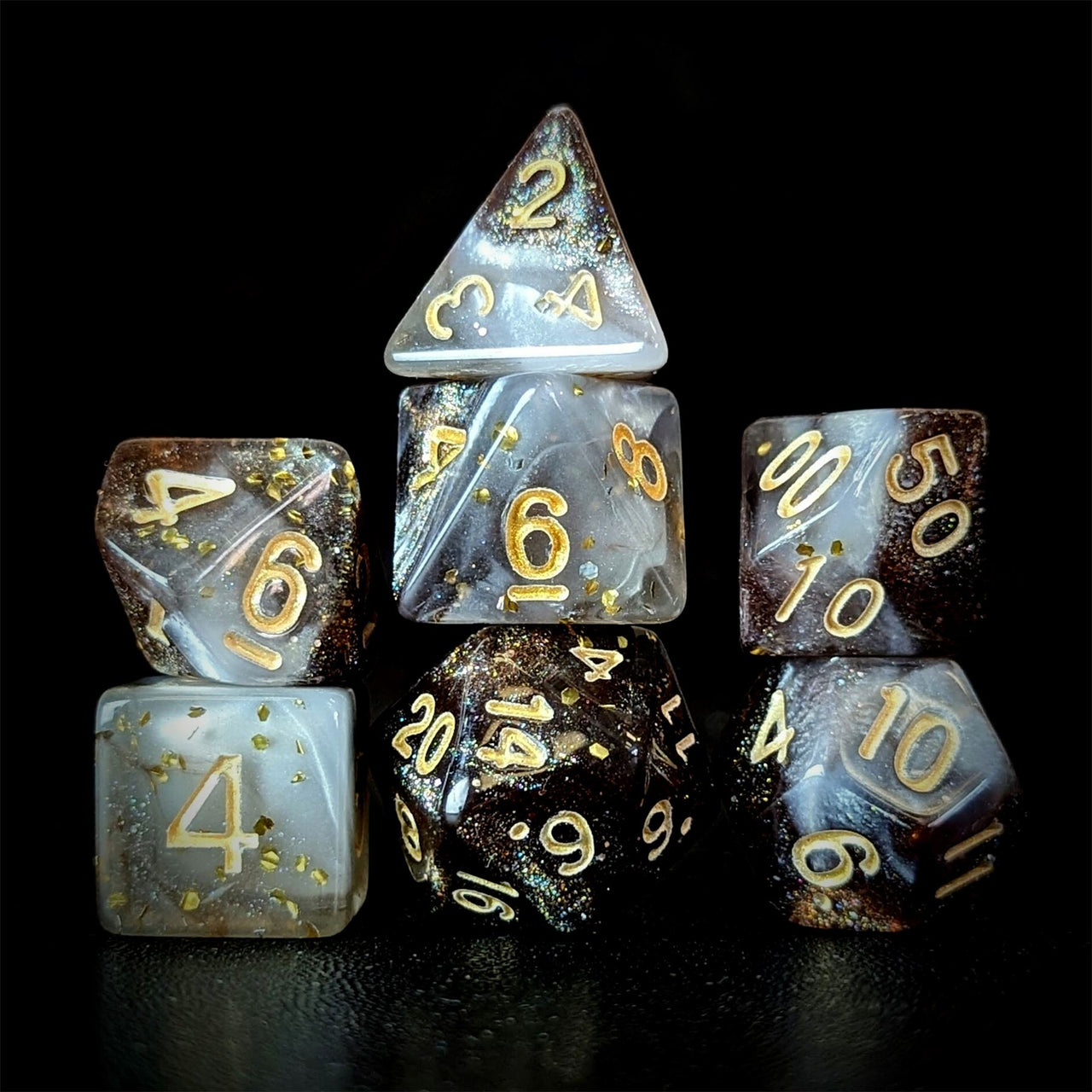 Glitter in White & Brown Acrylic - 7pcs RPG Full Dice Set Dark Stack