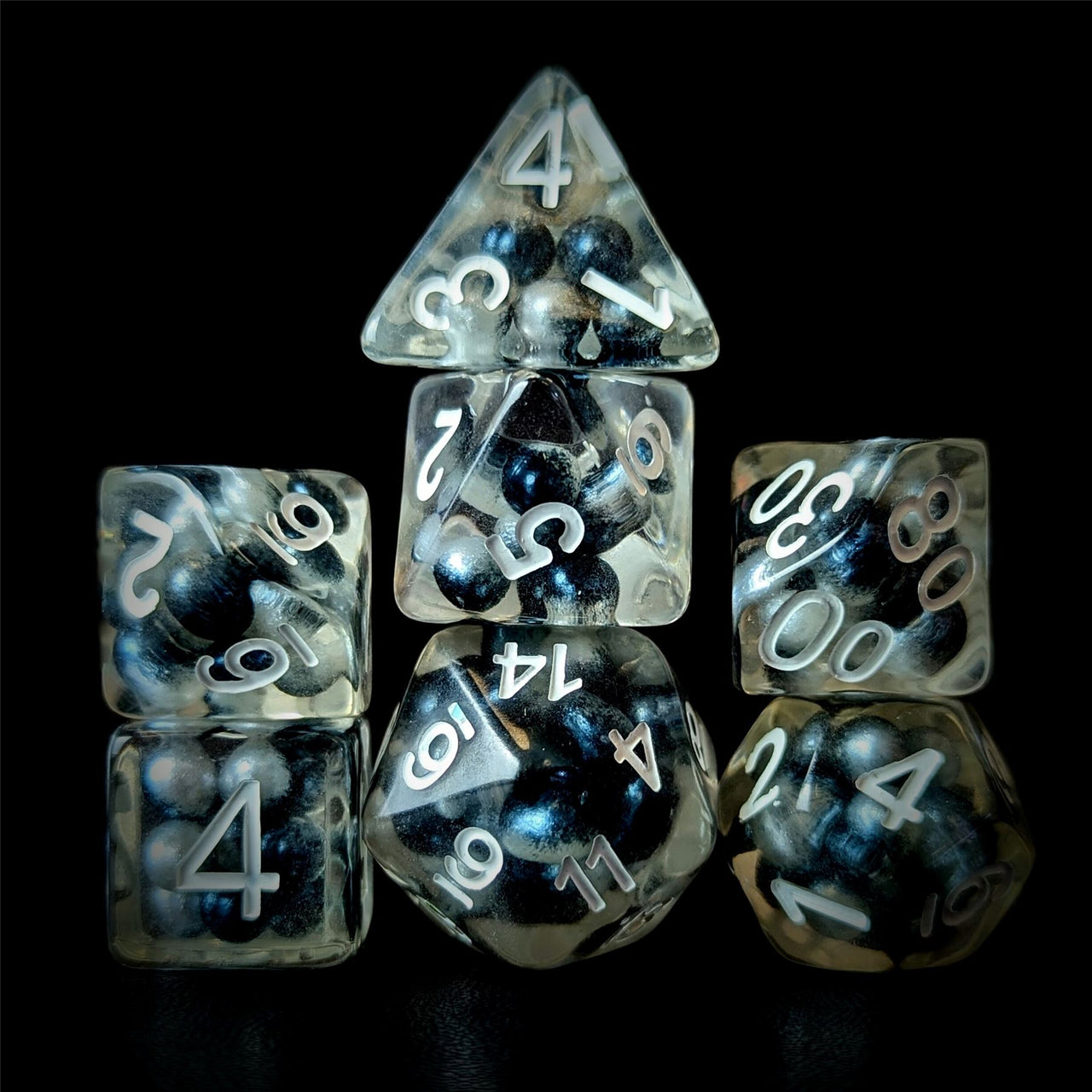 Black & Blue Pearls in Clear Resin - 7pcs RPG Full Dice Set