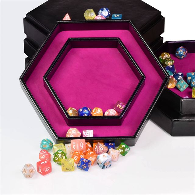 Magenta Velvet & Black PU Leather - Hexagon Lid Dice Tray