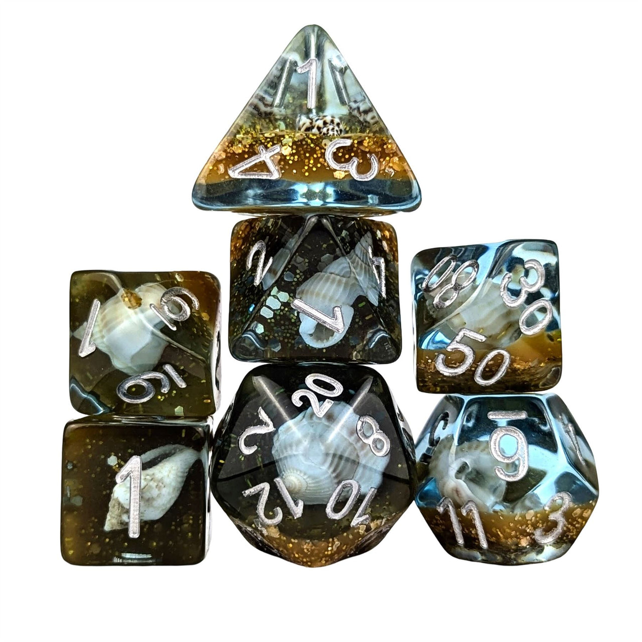 Shell in Clear & Gold Resin - 7pcs RPG Full Dice Set