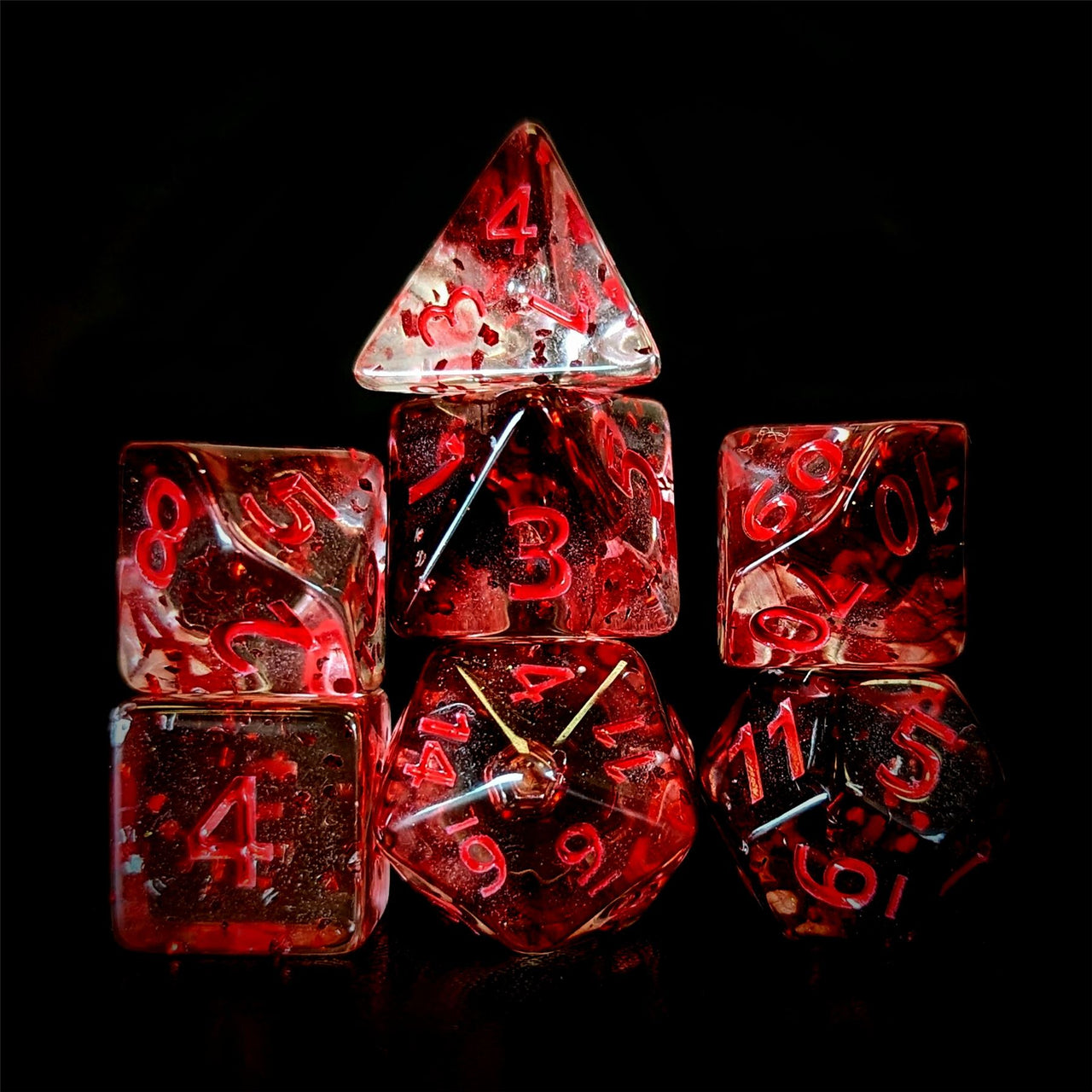 Glitter in Clear Red Acrylic - 7pcs RPG Full Dice Set Dark Stack