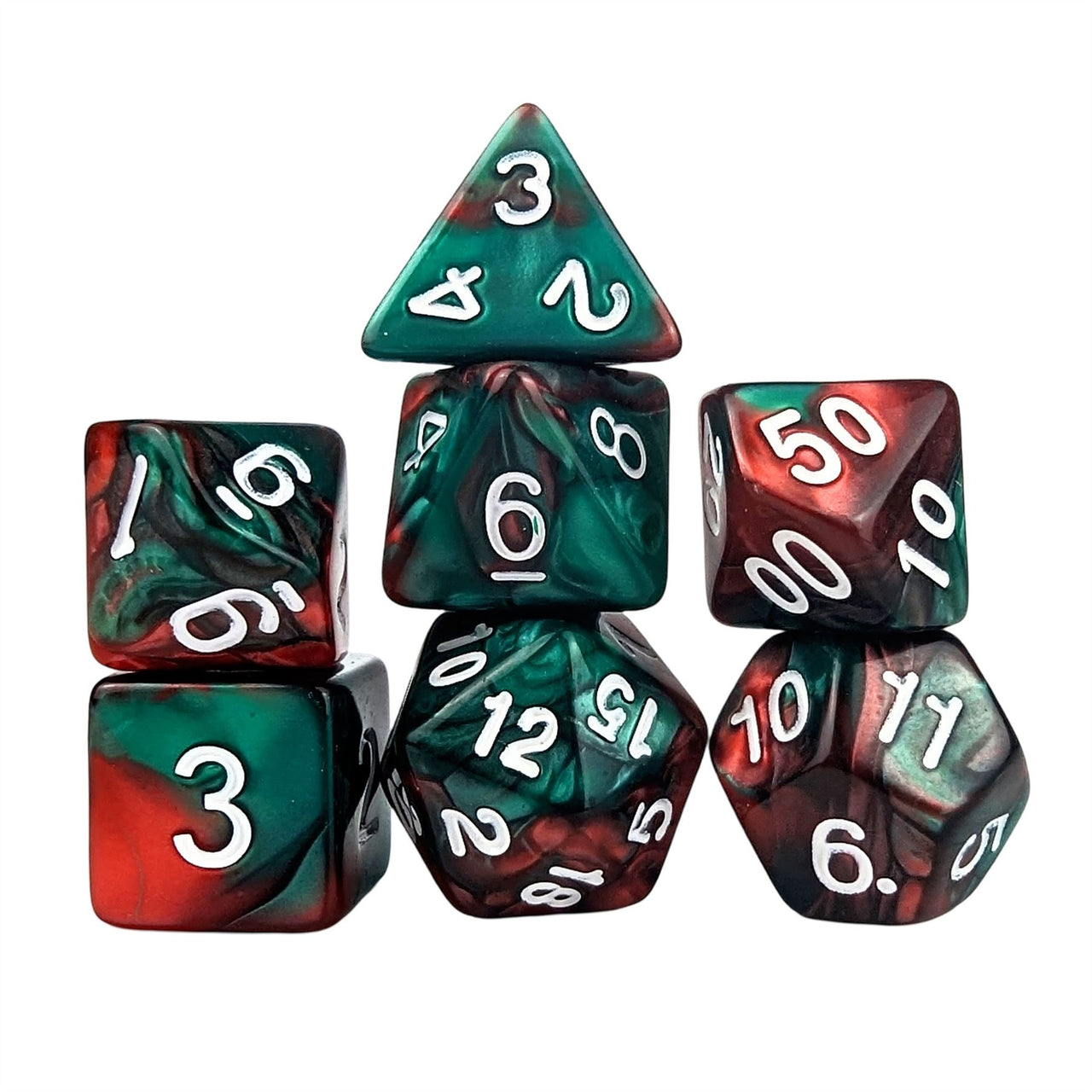 Blend of Red & Green Acrylic - 7pcs RPG Full Dice Set White Stack