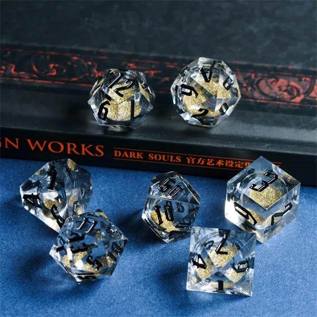 Gold Glitter in Clear Liquid Filled Sharp Resin - 7pcs RPG Dice Set