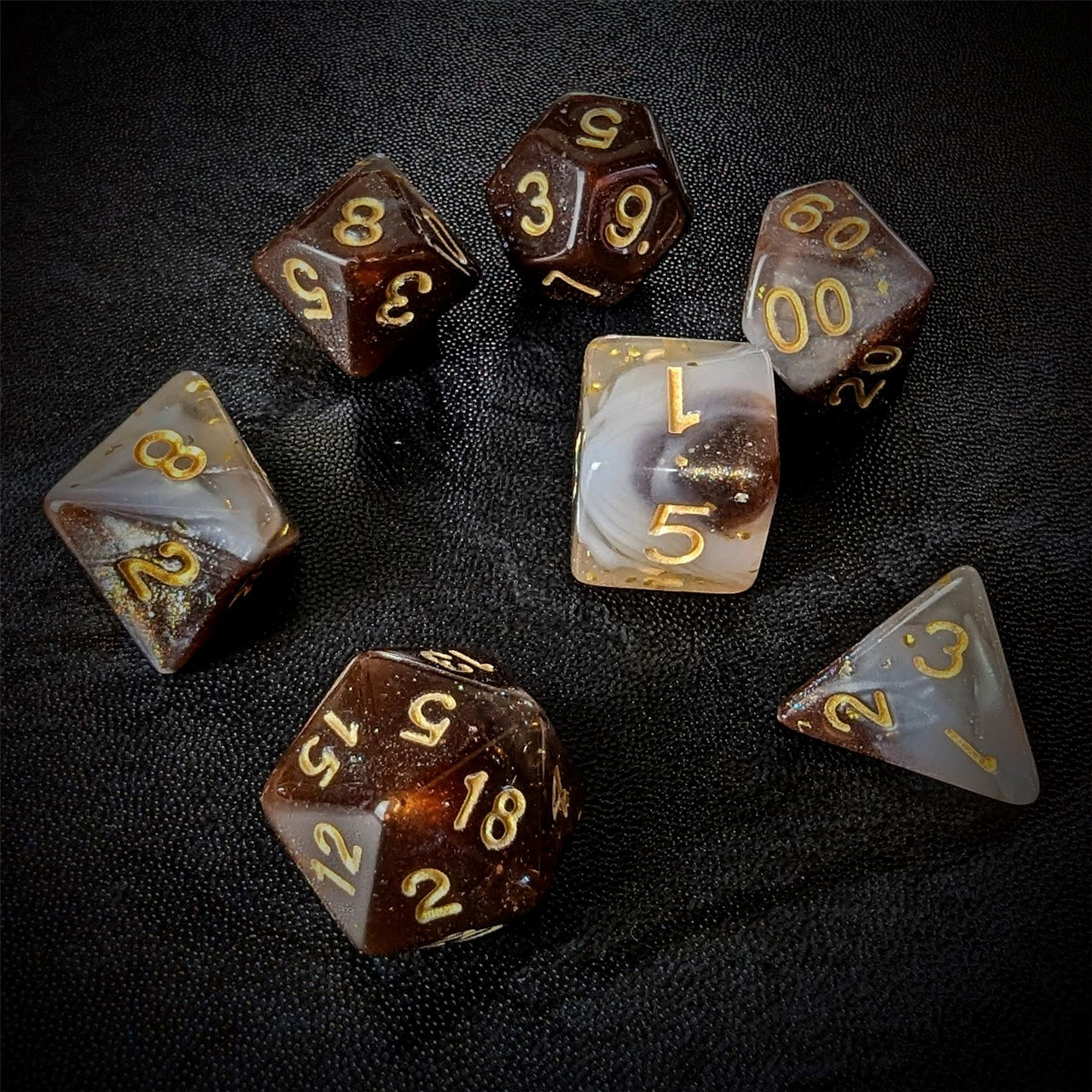 Glitter in White & Brown Acrylic - 7pcs RPG Full Dice Set Scatter