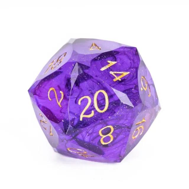 D20 Dice Sharp 30mm Facet Swirl Gold Font Purple