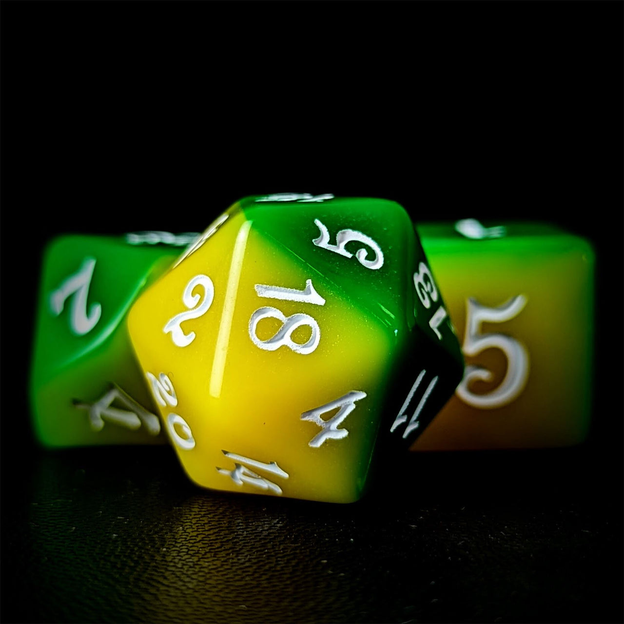 Blend of Yellow & Green Acrylic - 7pcs RPG Full Dice Set Close