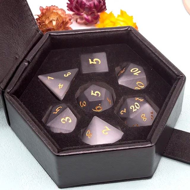 Frosted Grey Cat Eye Gemstone - 7pcs RPG Dice Set