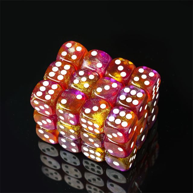 16mm Pink & Orange Acrylic with Glitter - 6pcs D6 RPG Dice Set