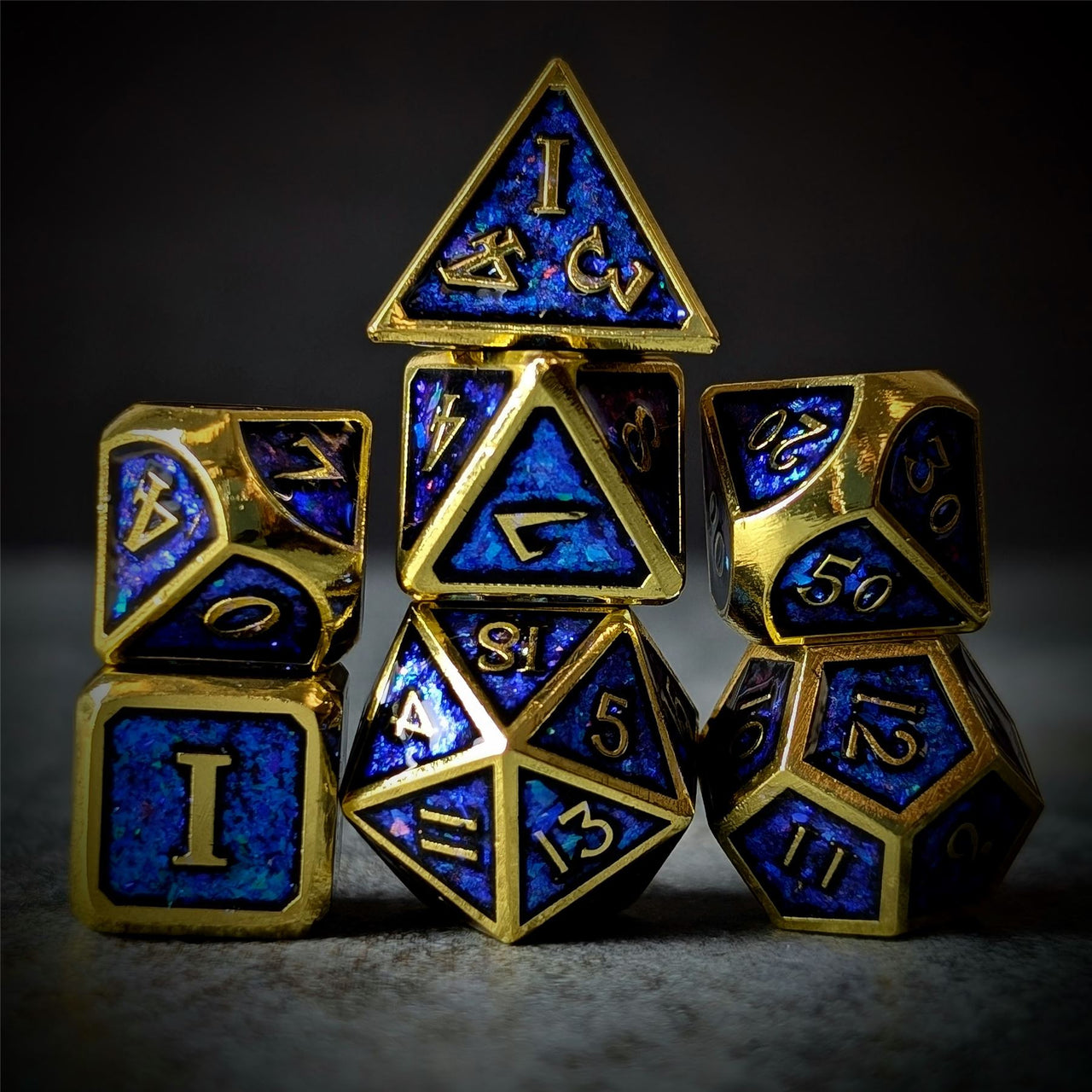 Glitter Blue Enamel in Gold Metal - 7pcs RPG Dice Set