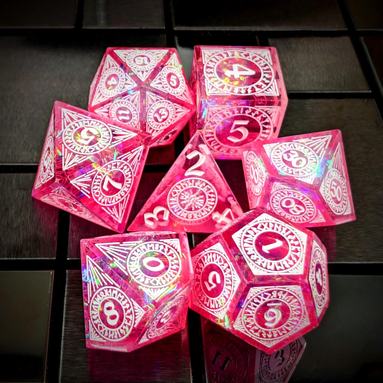 White Pattern on Pink with Candy Sharp Resin - 7pcs RPG Dice Set
