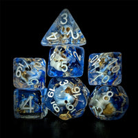 Thumbnail for Skull & Gold Foil in Clear & Blue Resin - 7pcs RPG Full Dice Set
