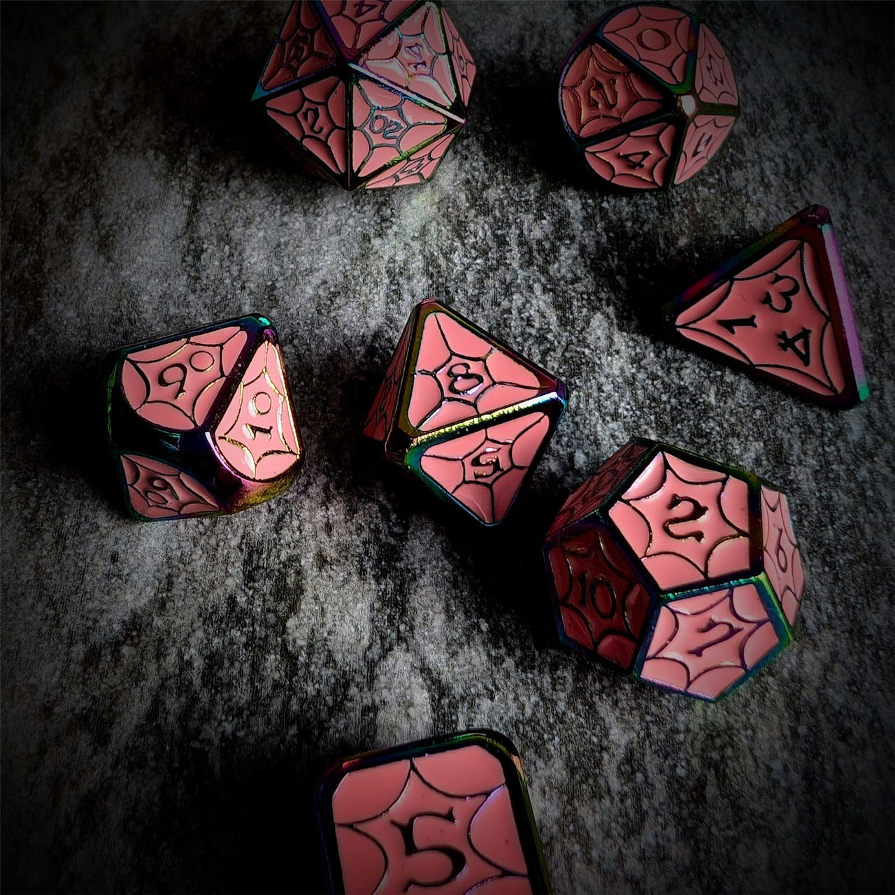 Pink Spider's Web in Rainbow Metal - 7pcs RPG Dice Set