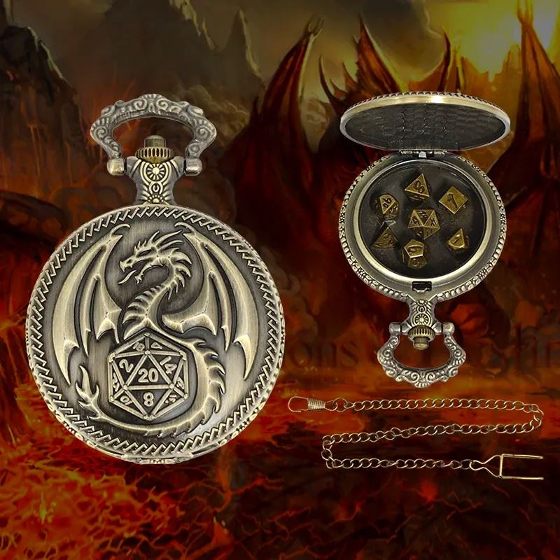 Dragon Wing on Bronze Pocket Watch with Mini Dice - Pendant