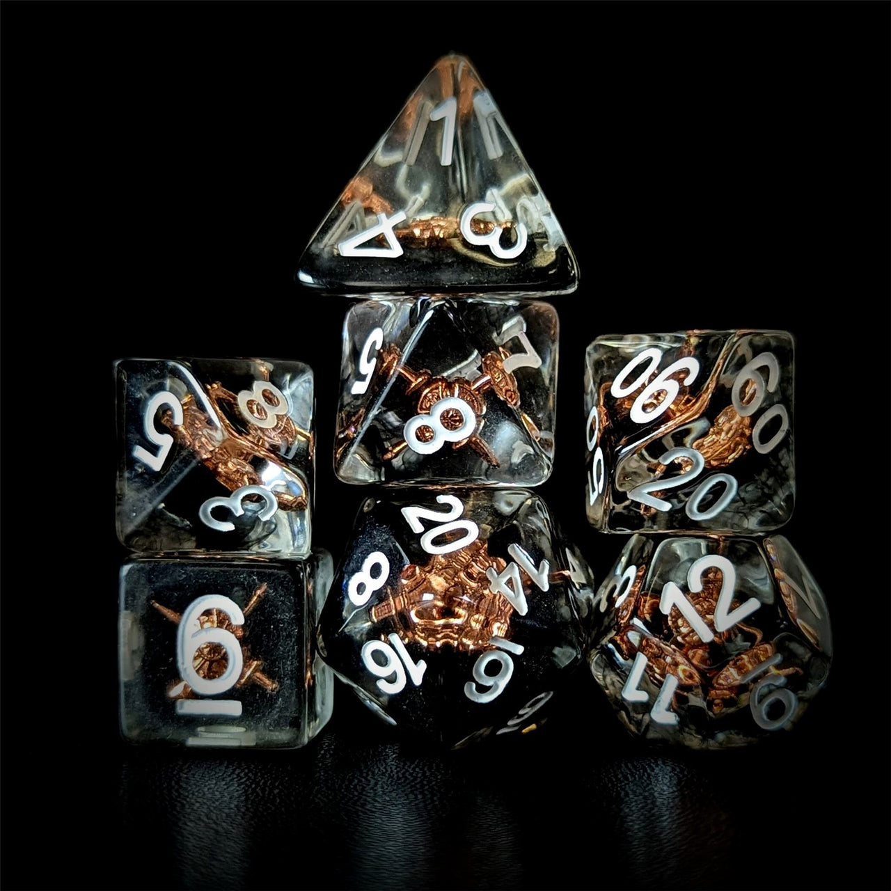 Shield in Clear & Black Resin - 7pcs RPG Full Dice Set