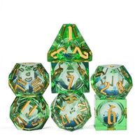 Thumbnail for Blue Glitter in Green & Clear Liquid Filled Sharp Resin - 7pcs RPG Dice Set