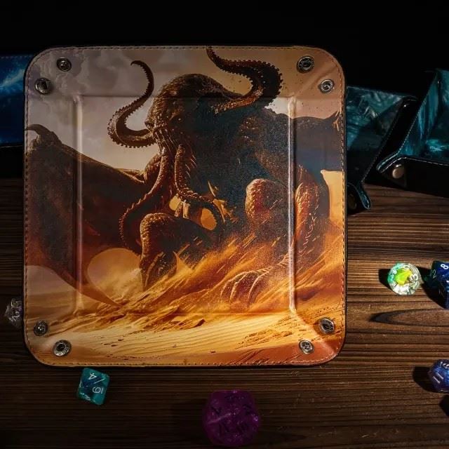 Cthulu on Brown PU Leather - Square Hard Dice Tray