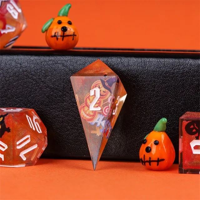 Halloween Ghosts in Orange Filled Sharp Resin - 7pcs RPG Dice Set