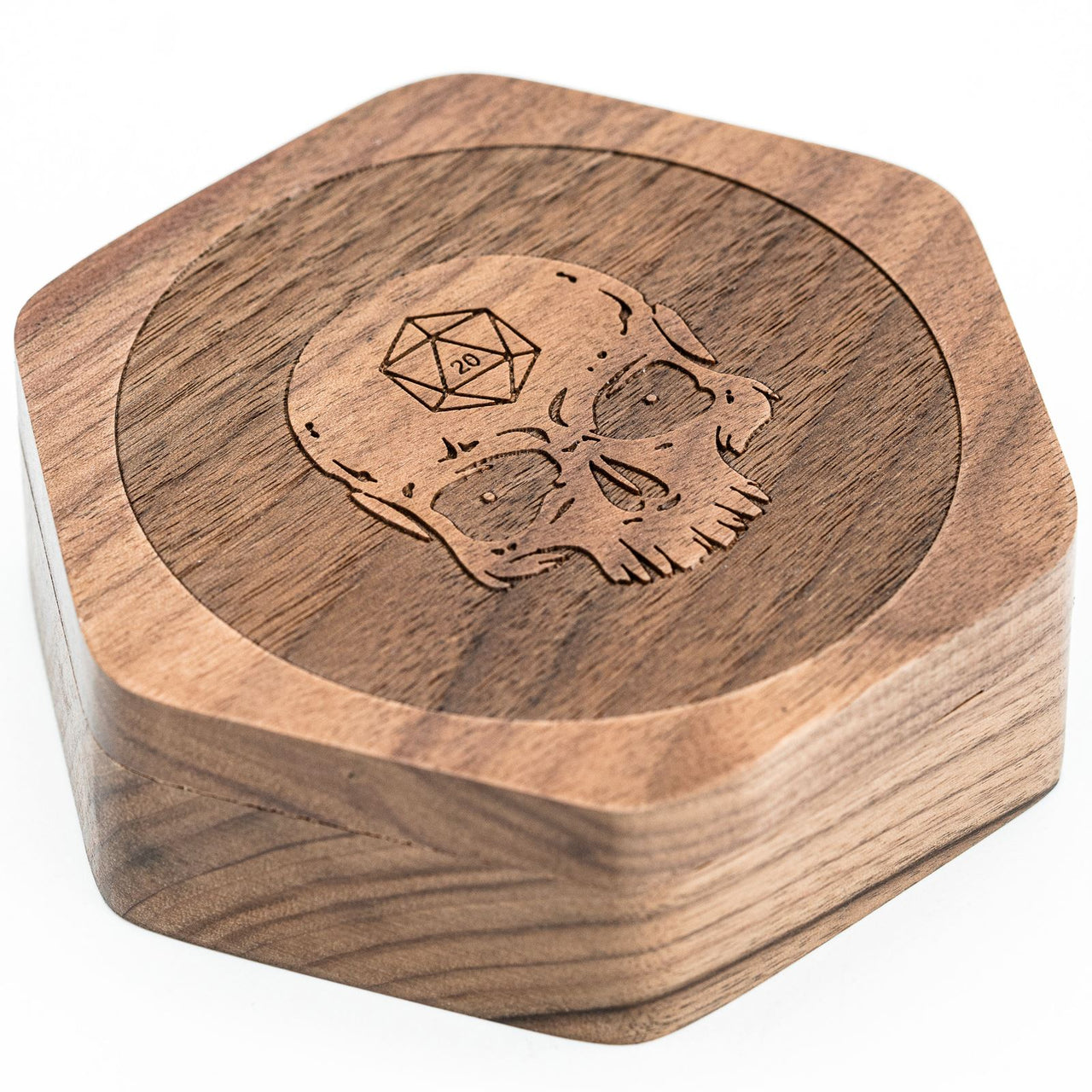 Skull on Walnut Wood with 7 Slots -  Magnetic Dice Storage