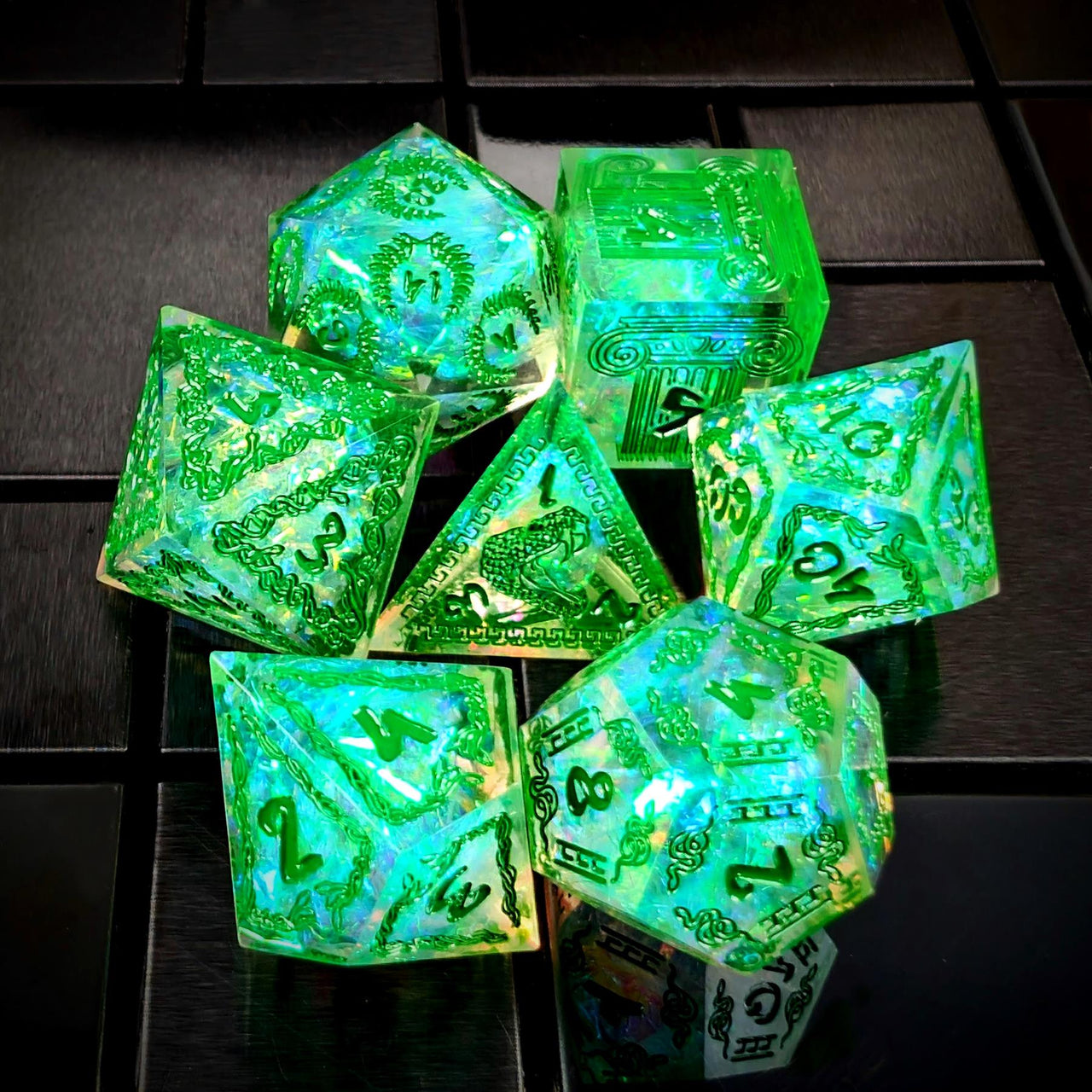 Mythology on Clear with Candy Sharp Resin - 7pcs RPG Dice Set