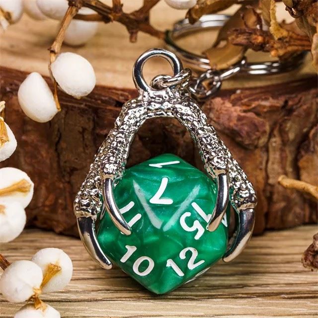 Silver & Green Acrylic in Metal Claw - D20 Keyring