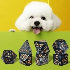 7pcs Dice Acrylic Pattern Dogs Gold Font Black