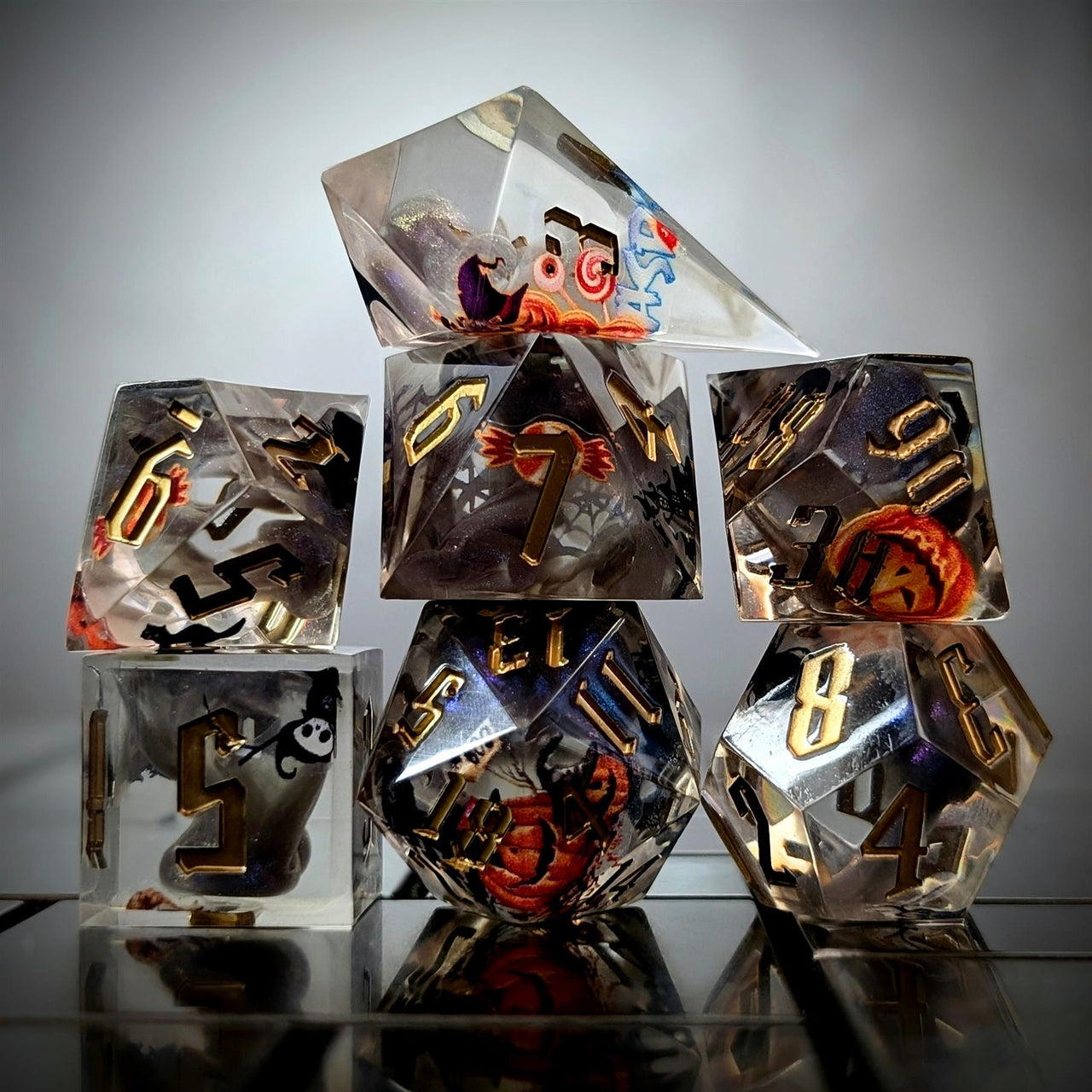 Halloween Spooky in Grey Filled Sharp Resin - 7pcs RPG Dice Set